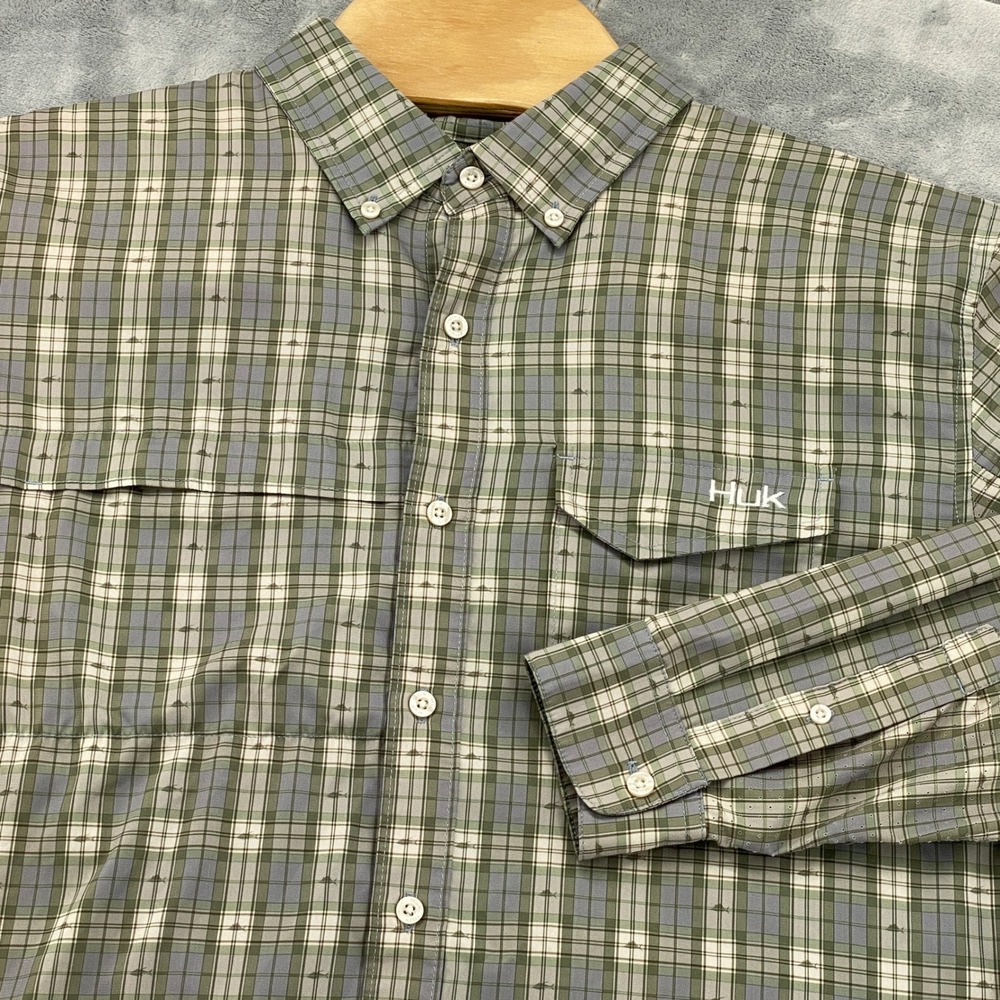 Huk Mens Medium Green Plaid Performance Fishing Shirt Long Sleeve Ventilated